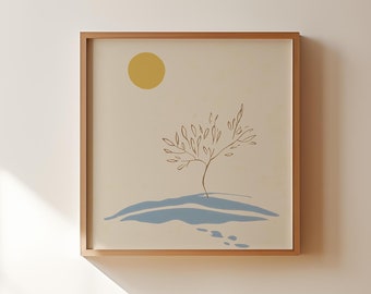 Könnte beinhalten: Ein gerahmter Druck einer minimalistischen Illustration eines Baumes mit einer gelben Sonne in der oberen linken Ecke. Der Baum ist braun und der Hintergrund ist beige. Der Baum steht auf einem blauen Hügel mit braunen Fußabdrücken.