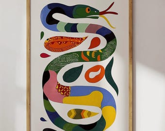 Colorful Snake Art Print, Modern Animal Wall Art, Eclectic Decor, Digital Download, Various Sizes Available, Vibrant Home Decor