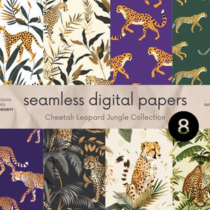 Puede incluir: Un conjunto de 8 papeles digitales con patrones sin costuras de guepardos y follaje de jungla en varios colores, incluyendo dorado, verde y morado. Los papeles miden 30,48 cm x 30,48 cm y 300 DPI.