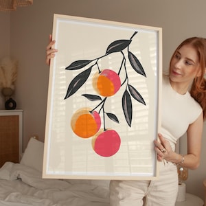 Modern Peaches Art Print, Minimalist Peach Wall Art, Contemporary Botanical Decor, Mid Century Modern Poster, Retro, Digital Download