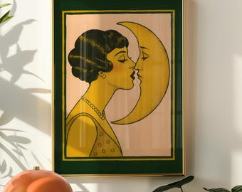 Lámina Art Déco "Beso de Luna": Arte mural celestial vintage de mujer (Descarga digital)