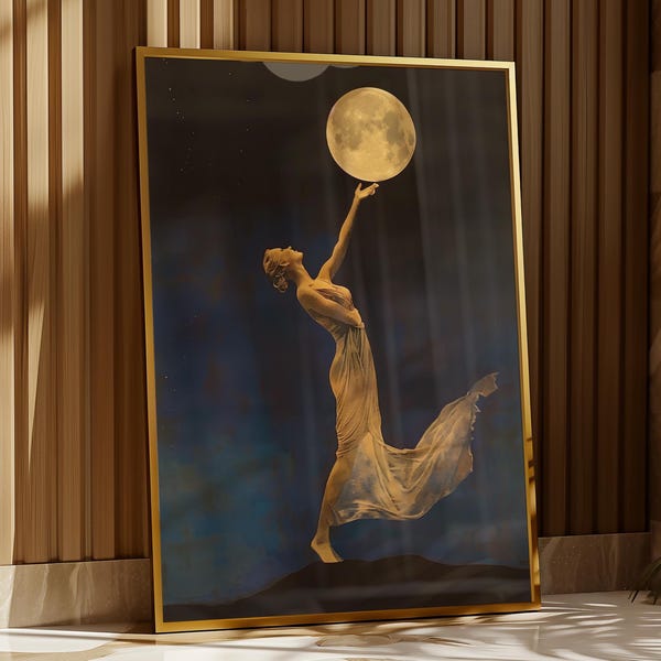 Art Deco Moonlight Dance Print: Ethereal Woman, Surreal Night Sky (Digital Download)