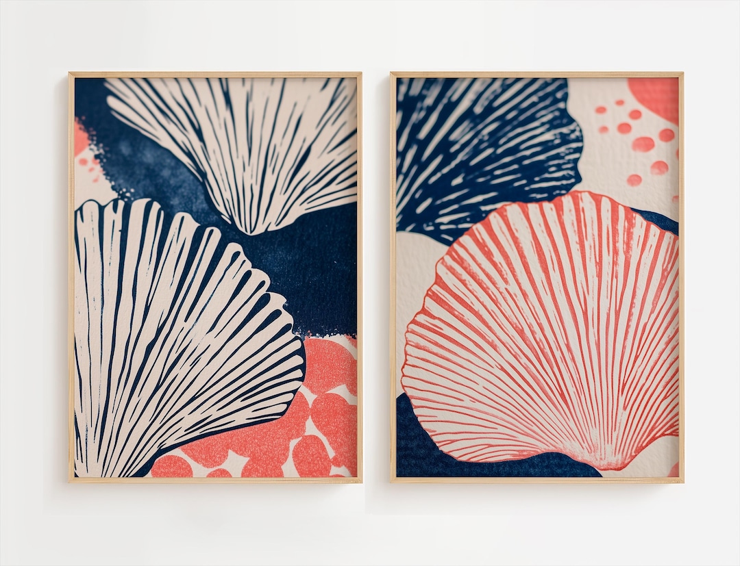 Shell Print Abstract Coral and Navy Sea Shell Prints: Modern Coastal Decor (digital Download ...