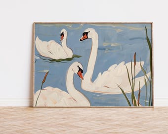 Schwan Wand Kunst Druck, Mitte des modernen Küsten Vogel Illustration, weiße Schwanensee Dekor, Vintage inspirierter digitaler Download