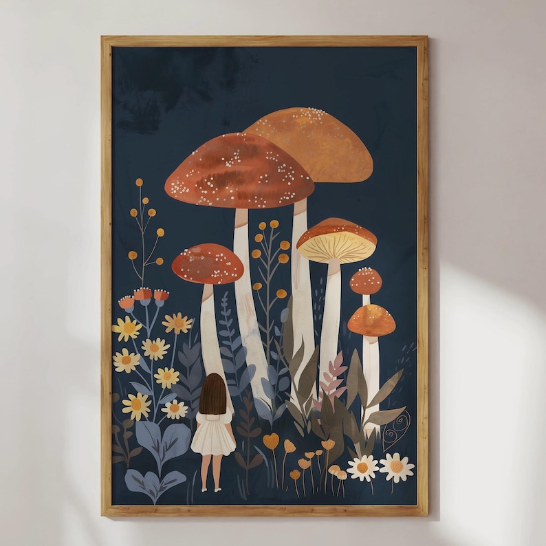 K&ouml;nnte beinhalten: Eine digitale Illustration eines M&auml;dchens, das in einem Wald mit gro&szlig;en Pilzen steht. Die Pilze sind rot und wei&szlig; mit braunen Flecken. Der Hintergrund ist dunkelblau. Das M&auml;dchen tr&auml;gt ein wei&szlig;es Kleid und hat lange braune Haare.