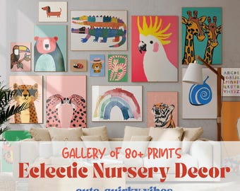 Bundel met eclectische kinderprints: 80+ alfabetkunst dieren, regenboog en dieren (digitale download)
