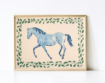 Blue Horse Nursery Print: Equestrian Cottagecore Wall Art (Digital Art)