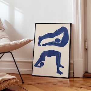 Minimalistischer Yoga Art Print, blaue Figur Linie Zeichnung, Wellness Wanddekor, Pilates Studio Poster, abstrakte Körperbewegung Kunstwerk, Matisse Kunst