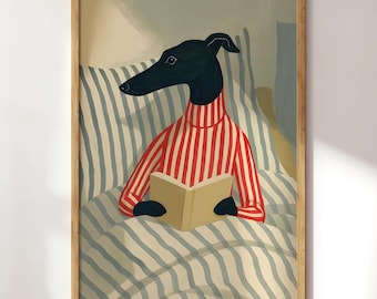 Greyhound Reading Art Print – Cozy Dog Book Lover Wall Art – Digital Print