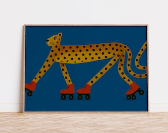 May include: A framed art print featuring a stylized cheetah with a yellow body and black spots, wearing red roller skates. The cheetah is set against a deep blue background.