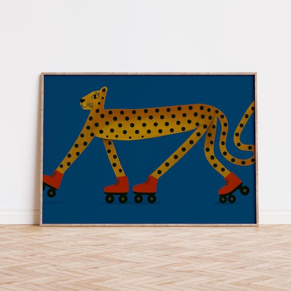 Cheetah Roller Skate Art Print: Midcentury Modern Jungle Decor (Digital Download)