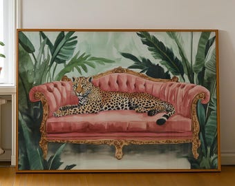 Leopard on Pink Sofa Art Print: Maximalist Jungle Decor (Digital Download)