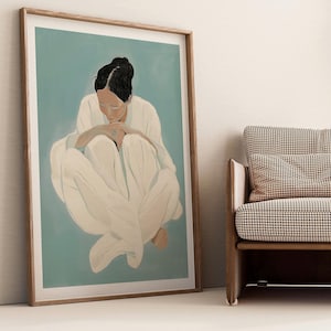 Serene Lady in Blue Art Print - Descarga digital minimalista, decoración figurativa moderna de la pared, retrato femenino abstracto, arte casero calmante