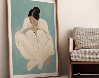 Serene Lady in Blue Kunstdruck: Minimalistische figurative Wanddekoration (Digitaler Download)