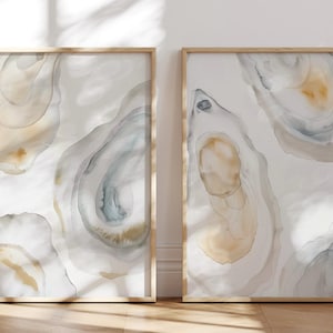 Set di 2 stampe ad acquerello di ostriche costiere - Decorazione per case sulla spiaggia in stile Hamptons - Stampa digitale - Serene Shell Artwork - Beach House Art