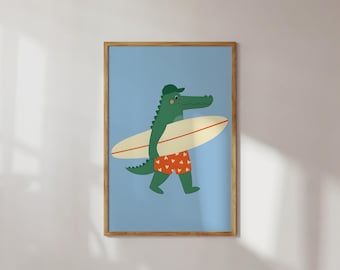 Surfer Crocodile Nursery Art, Coastal Kids Wall Print, Cute Animal Surf Poster, Beach Nursery Decor, Digital Download Art