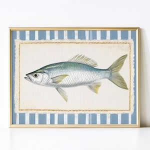 Coastal Nautical Fish Print, Vintage Ocean Wall Art, Beach House Decor, Seaside Blue Striped Art, Maritime Fishing Artwork, Coastal Style