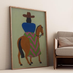 Western Cowgirl Art Print: Folk Art Horseback Rider, Bold Decor (Digital Download)