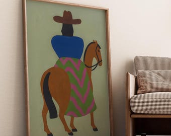 Lámina de vaquera del oeste: Jinete a caballo de arte popular, decoración llamativa (descarga digital)