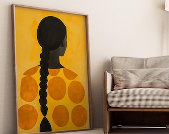 Abstract Woman Portrait Art Print: Yellow Polka Dots Decor (Digital Download)