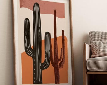 May include: Abstract art print featuring two stylized cactus plants in black and brown against a background of orange, red, and white.