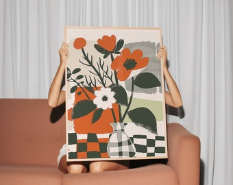 Orange Floral Art Print: Mid-Century Modern Botanical Illustration (Digital Download)