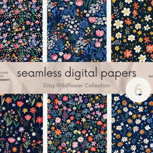 May include: Six seamless digital paper patterns featuring a variety of colorful wildflowers on a dark blue background. The patterns are titled "Ditsy Wildflower Collection".