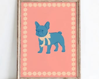 Blue French Bulldog Print: Coquette Dog Decor with Pink Daisies (Digital Download)