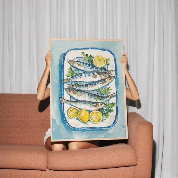 Catch of the Day - Vibrant Sardines with Lemon Art Print, Coastal Kitchen Decor, Modern Seafood Illustration, Wall Art