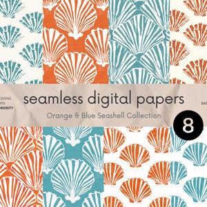 Papeles digitales de concha marina naranja y azul - Patrones sin costuras - Fondo digital - Fondo de pantalla - Conjunto de papel - Patrón de impresión de tela costera