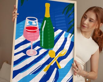 Impresión artística con ilustración de vino: Decoración moderna para la pared de la cocina (descarga digital)