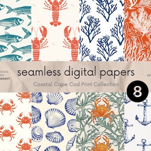 Collection d'impressions côtières de Cape Cod - motifs sans couture - fond numérique - papier peint numérique - ensemble de papier - motif nautique, corail