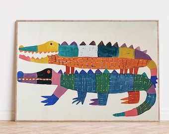 Whimsical Colorful Crocodile Digital Art Print - Colorful Nursery Wall Decor - Modern Kids Room Digital Print - Jungle Nursery - Alligator