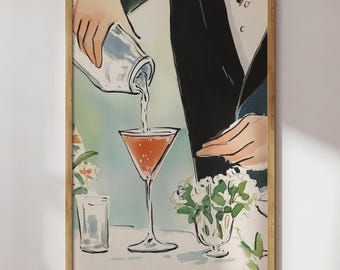 Vintage Martini Watercolor Art Print: Classic Bar Cart Decor