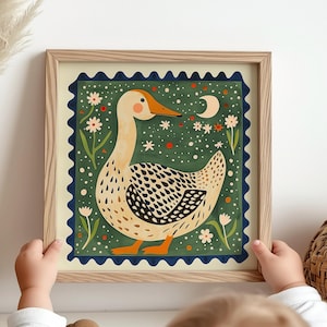 Charming Folk Art Duck Print - Whimsical Nursery Decor, Vintage Style Illustration, Quaint Garden Digital Art Download, Grandmillennial Art
