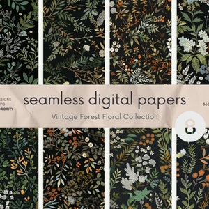 Vintage Green Forest Floral Print Collection - Nahtlose Muster - Digitaler Hintergrund - Digitale Tapete - Botanische Tapete