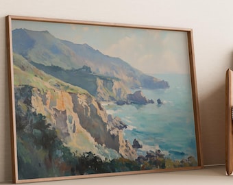 Coastal Cliff Landscape Digital Art Print, Big Sur Wall Art, Modern Impressionist Style, Ocean View Decor for Living Room or Bedroom