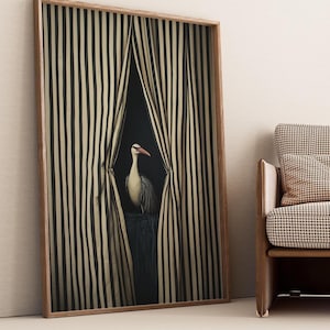 May include: A white bird with a long beak stands behind a striped curtain. The curtain is black and white and is pulled back to reveal the bird. The bird is looking to the left of the image.