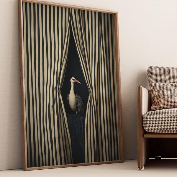 Surreal Bird Wall Art Print, Black and White Striped Curtain Illustration, Modern Abstract Statement Artwork, Digital Download