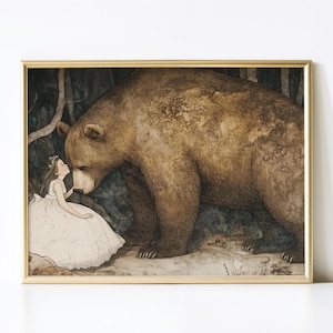 Vintage Fairy Tale Nursery Print, Woodland Bear Art, Enchanted Forest Decor, Cottagecore Illustration, Storybook-Inspired Wall Art
