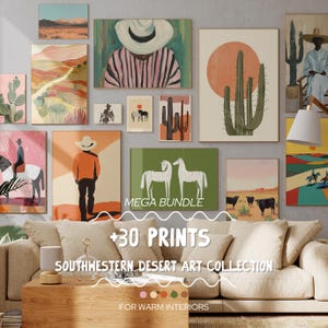 Puede incluir: Una colección de grabados artísticos del desierto del suroeste, que incluyen imágenes de cactus, paisajes y figuras con sombreros. Los grabados se muestran encima de un sofá, con el texto "MEGA BUNDLE +30 PRINTS SOUTHWESTERN DESERT ART COLLECTION FOR WARM INTERIORS."