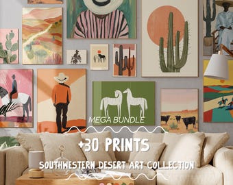Southwestern Desert Art Print Set: cowboy, cactus, landschapsthema's (digitale download)