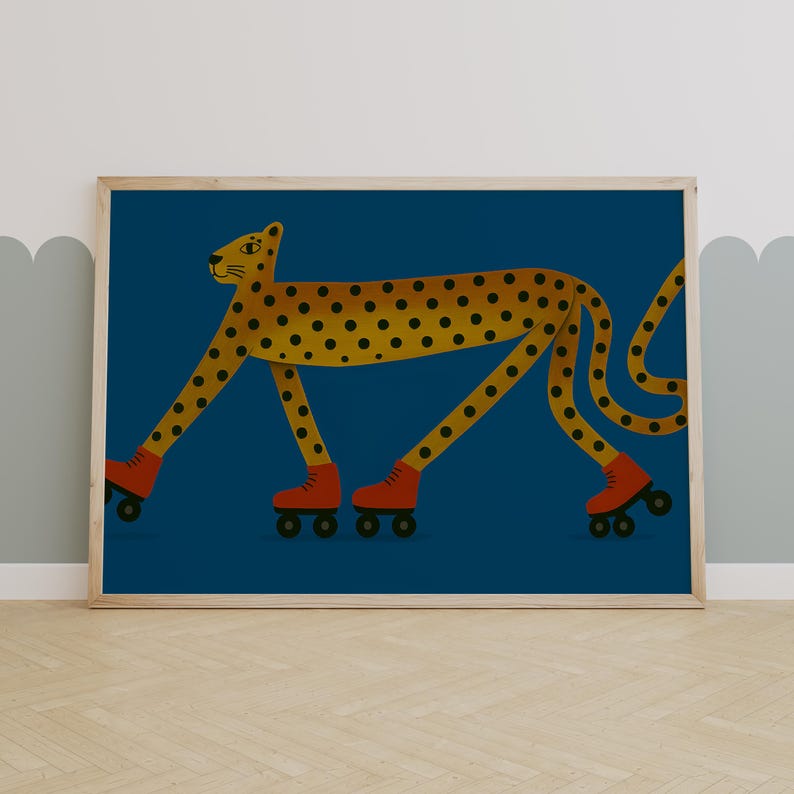May include: A framed art print depicting a cheetah with a yellow body and black spots, wearing red roller skates. The background is a deep blue. The illustration has a whimsical and playful style, suitable for a child's room.