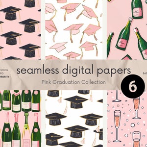 May include: Six digital papers featuring pink and white graduation themed patterns. The patterns include champagne bottles, graduation caps, and champagne flutes. The papers are 12 inches by 12 inches and 300 DPI.