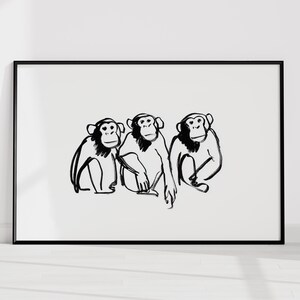 May include: Black framed art print featuring a minimalist illustration of three chimpanzees. The artwork is rendered in black ink on a white background, creating a striking contrast. The chimpanzees are depicted in a simple, yet expressive style.