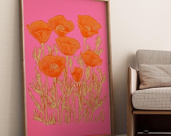 Bold Pink and Orange Floral Digital Art Print, Vibrant Modern Botanical Wall Decor for Maximalist Interiors, Retro Linocut Poppies