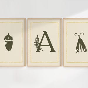 Custom Woodland Monogram Wall Art Set - Personalized Nursery Decor - Forest Theme Baby Room Prints - Minimalist Initials and Name Print