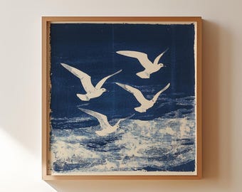 Cyanotype Seagull Print: Indigo Coastal Wall Art (Digital Art)