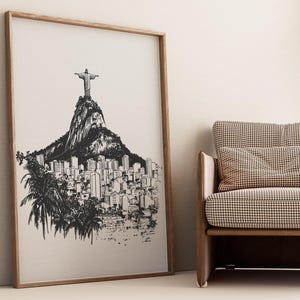 Rio de Janeiro Skyline Digital Art Set, Black and White Cityscape Print, Two Versions with and without Text, Instant Download Wall Art