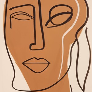 Op de afbeelding: Abstracte lijntekening van een gezicht met bruine huid, zwarte lijnen en witte accenten. Het gezicht is afgebeeld in een minimalistische stijl met de nadruk op de ogen, neus en lippen.
